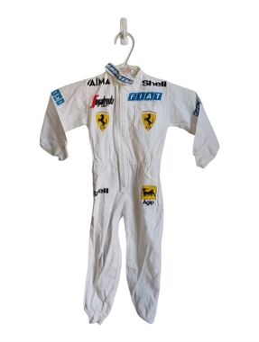 Vintage Ferrari White Kids Racing One-Piece with Sponsor Patches Size Small